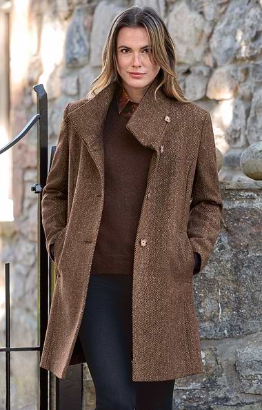 Ladies Herringbone Tweed Funnel Coat