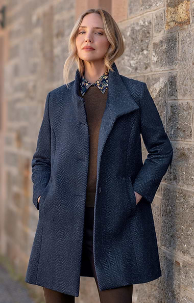 Ladies Herringbone Tweed Funnel Coat