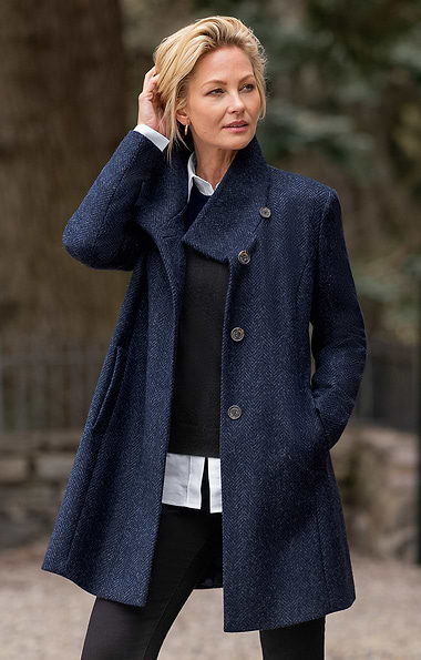 Ladies Herringbone Tweed Funnel Coat