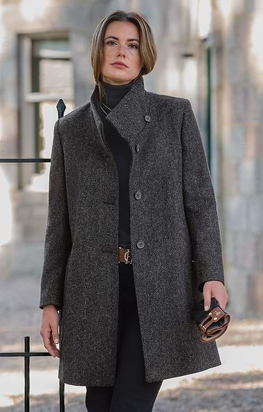 Ladies Herringbone Tweed Funnel Coat