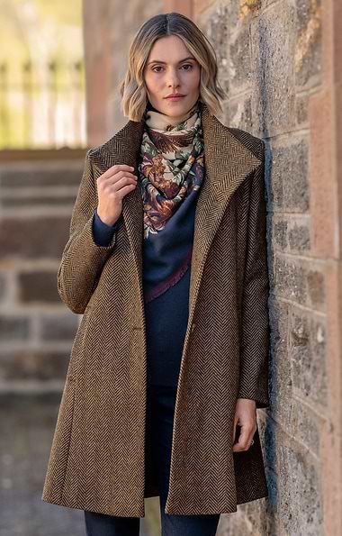 Ladies Herringbone Tweed Funnel Coat