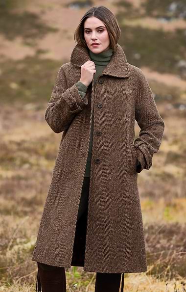 Ladies British Tweed Full Length Raglan Coat