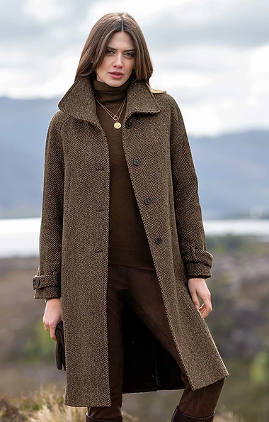 Ladies British Tweed Full Length Raglan Coat
