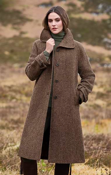 Ladies British Tweed Full Length Raglan Coat