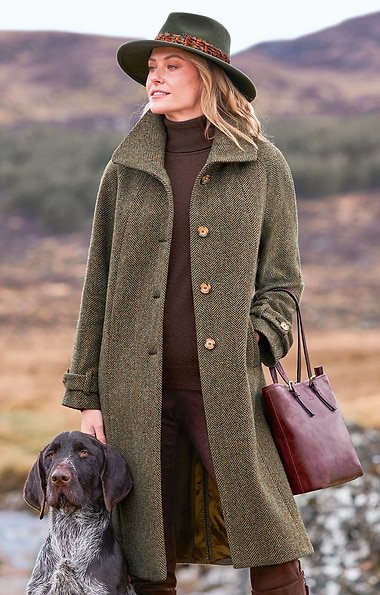 Ladies British Tweed Full Length Raglan Coat