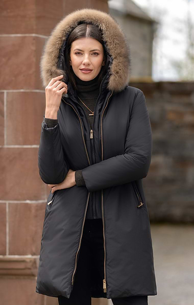 Ladies Three-Quarter Coat With Fur Trimmed Hood