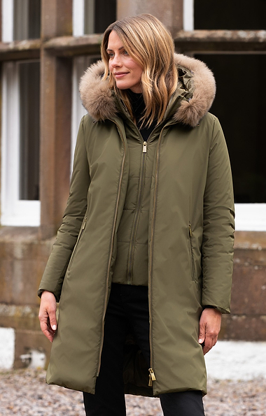 Ladies Three-Quarter Coat With Fur Trimmed Hood