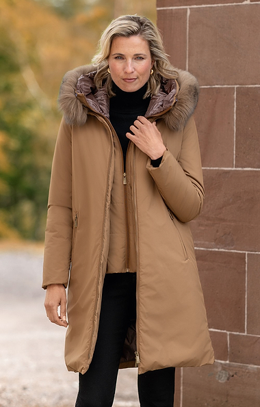 Ladies Three-Quarter Coat With Fur Trimmed Hood