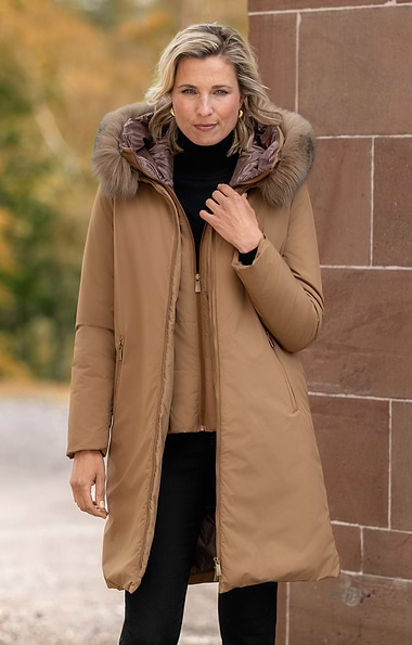 Ladies Three-Quarter Coat With Fur Trimmed Hood