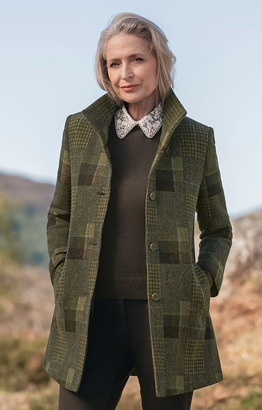 Ladies Patchwork Tweed Funnel Coat