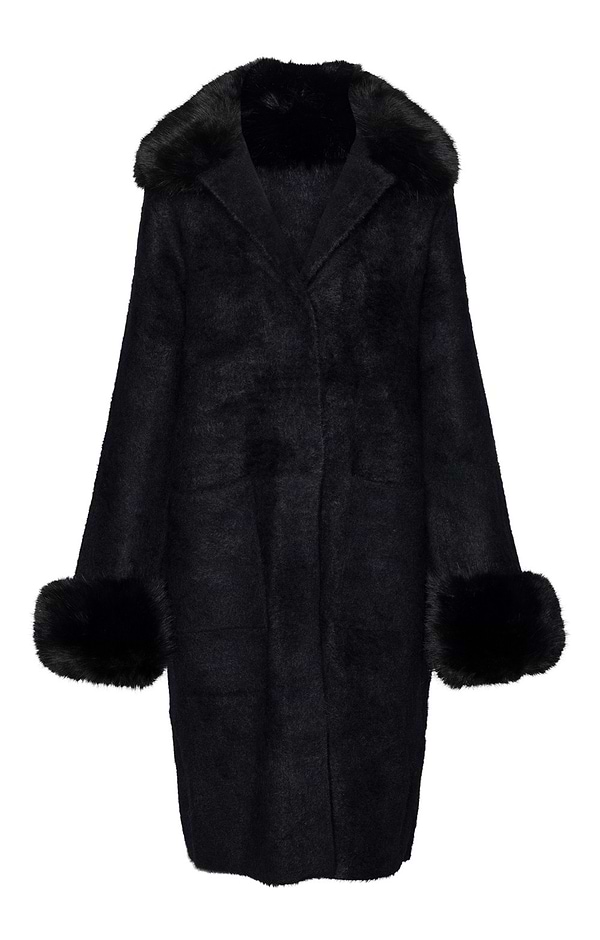 Ladies Faux Fur Trim Longline Coat