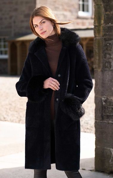 Ladies Faux Fur Trim Longline Coat