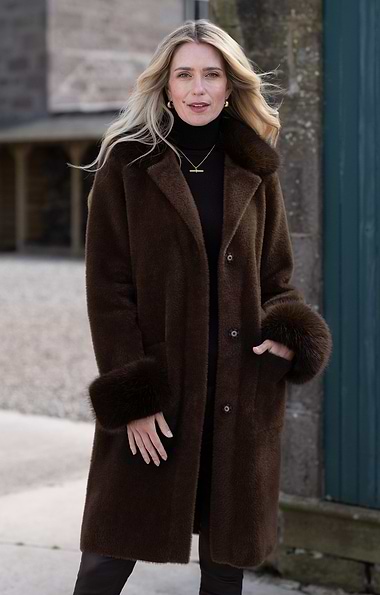 Ladies Faux Fur Trim Longline Coat