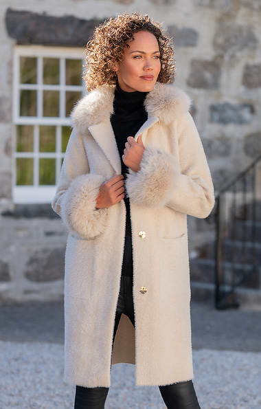 Ladies Faux Fur Trim Longline Coat