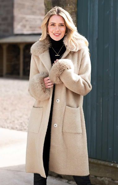 Ladies Faux Fur Trim Longline Coat