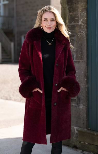 Ladies Faux Fur Trim Longline Coat