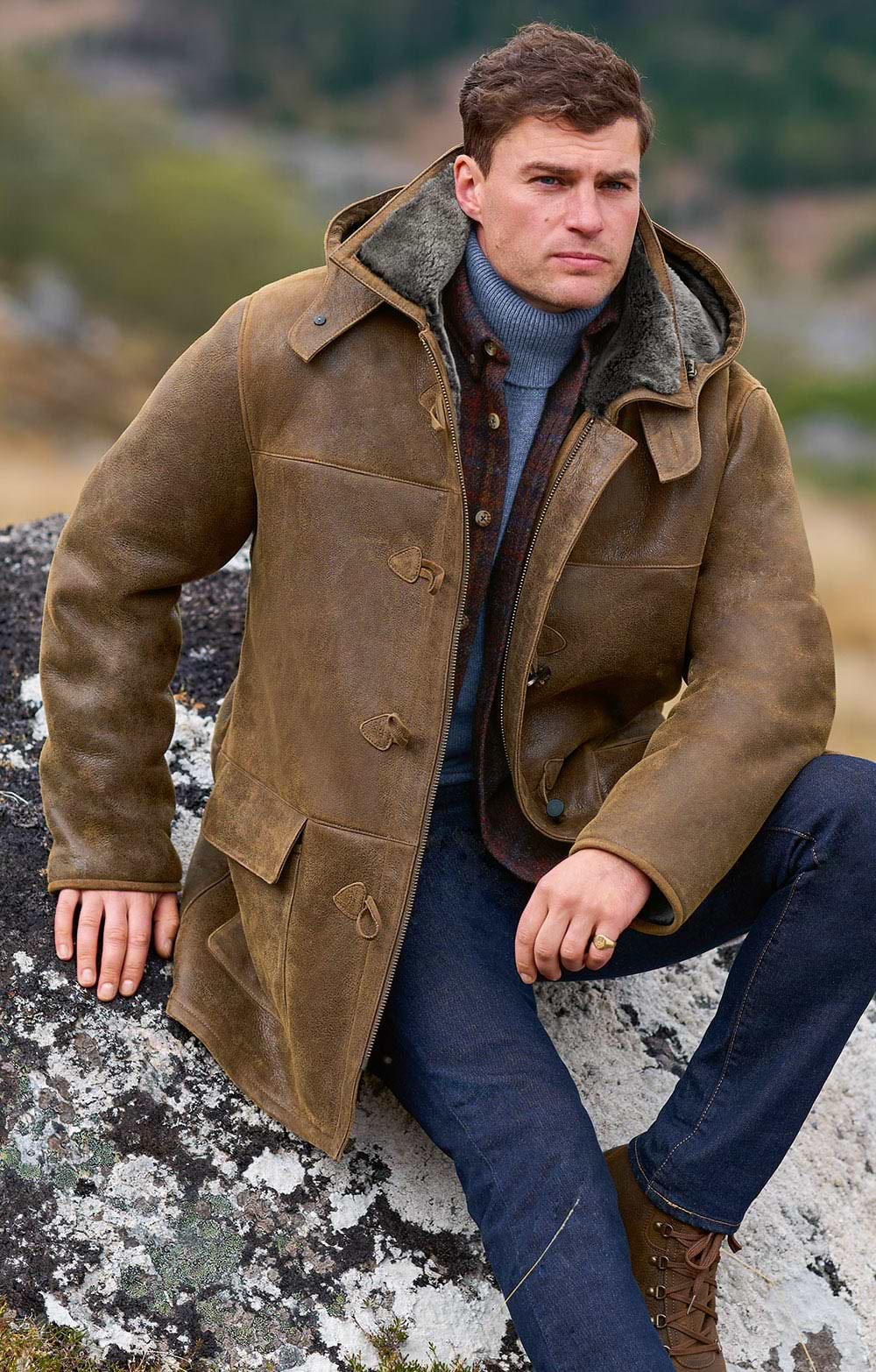 Brown Leather Jacket With Brown Shearling Real Shearling Coat Mens