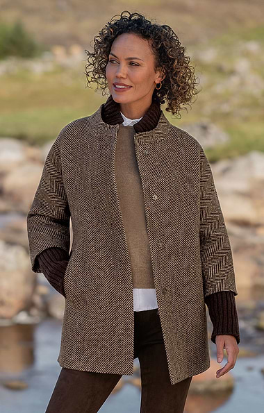 Ladies Tweed Coat With Knitted Trims