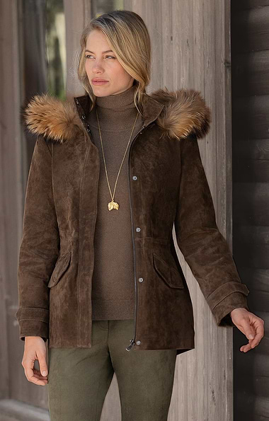 Ladies Fur Trim Suede Parka