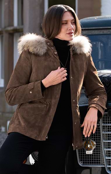 Ladies Fur Trim Suede Parka