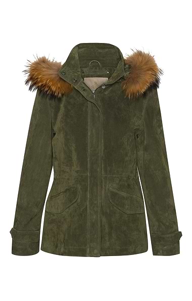 Ladies Fur Trim Suede Parka