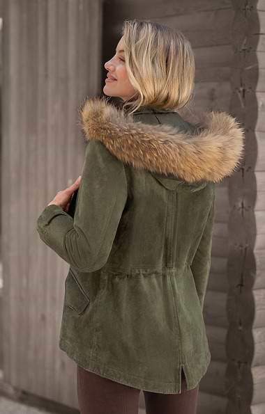 Ladies Fur Trim Suede Parka