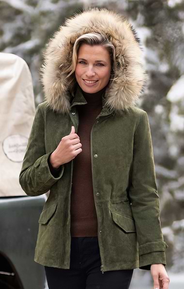 Ladies Fur Trim Suede Parka