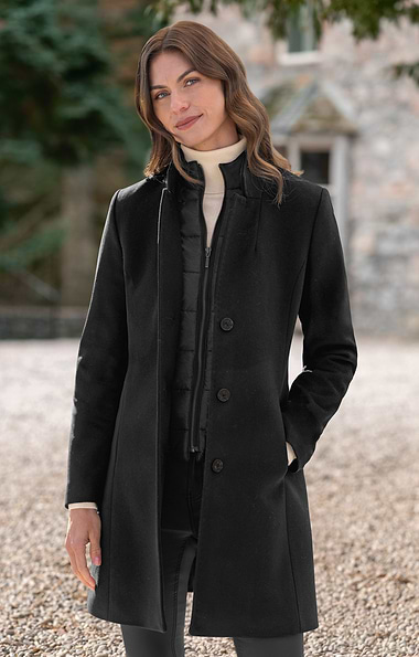 Ladies Wool Cashmere Removable Quilt Trim Coat