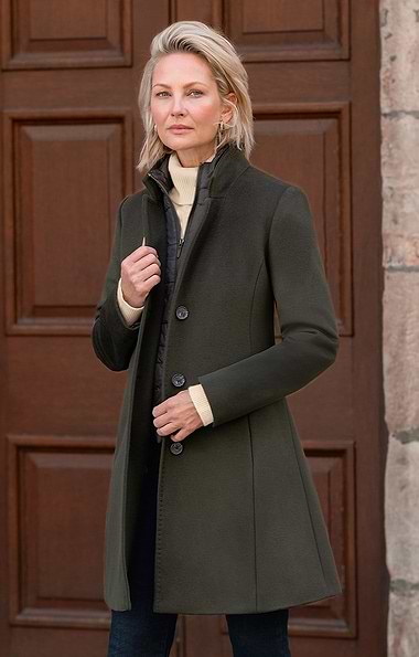 Ladies Wool Cashmere Removable Quilt Trim Coat
