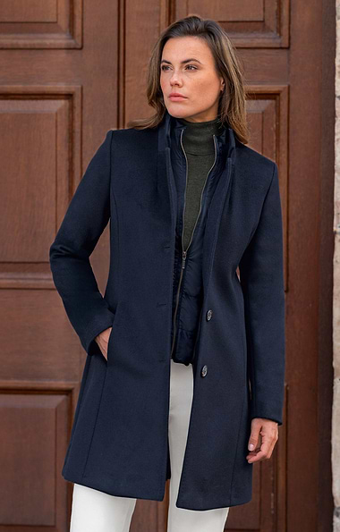 Ladies Wool Cashmere Removable Quilt Trim Coat