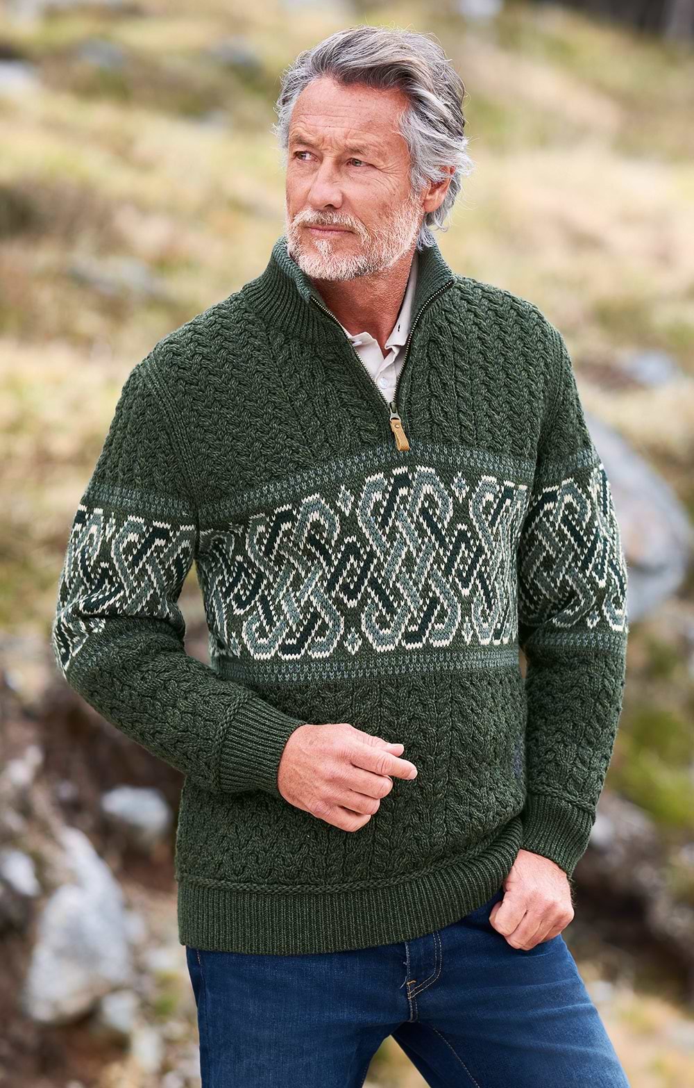 Mens Celtic Aran T Zip, Green House of Bruar
