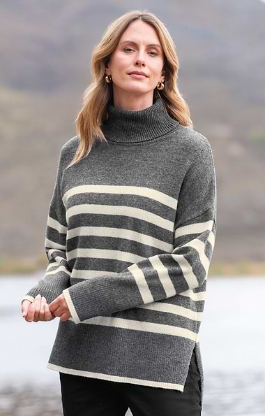 Ladies Relaxed Lambswool Striped Roll Neck Jumper
