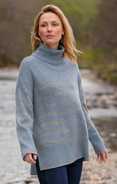 Ladies Relaxed Lambswool Striped Roll Neck Jumper