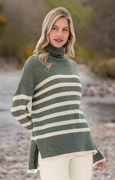 Ladies Relaxed Lambswool Striped Roll Neck Jumper
