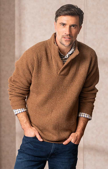 Men's Lambswool Ribbed Shirt Neck Jumper