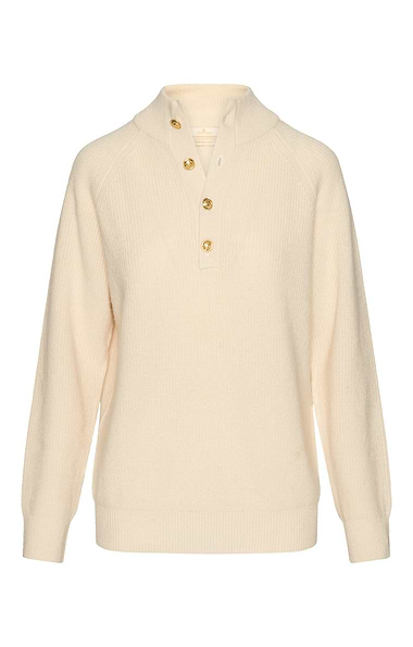 Ladies Lambswool Ribbed Gold Button Half Neck Jumper
