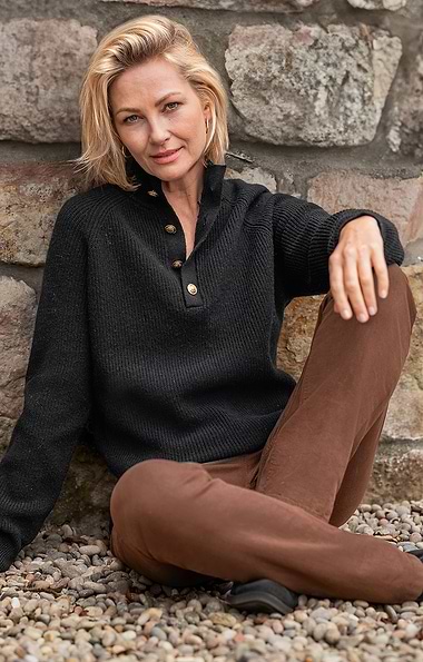 Ladies Lambswool Ribbed Gold Button Half Neck Jumper