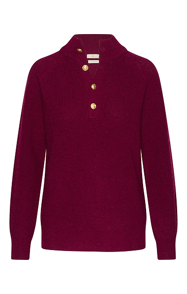 Ladies Lambswool Ribbed Gold Button Half Neck Jumper