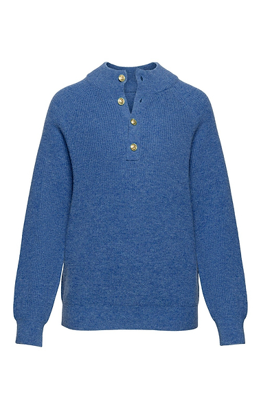 Ladies Lambswool Ribbed Gold Button Half Neck Jumper