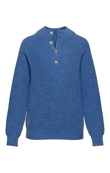 Ladies Lambswool Ribbed Gold Button Half Neck Jumper