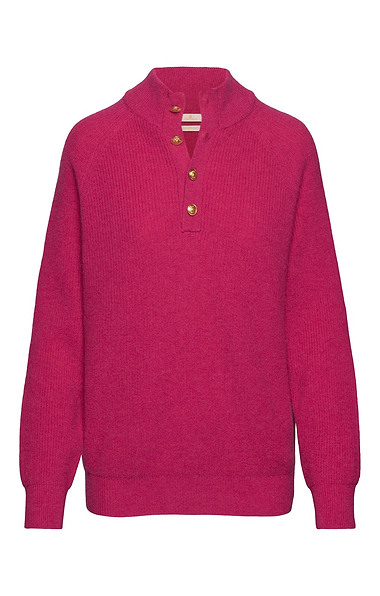 Ladies Lambswool Ribbed Gold Button Half Neck Jumper