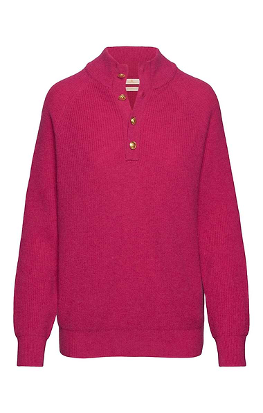 Ladies Lambswool Ribbed Gold Button Half Neck Jumper