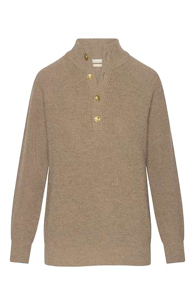 Ladies Lambswool Ribbed Gold Button Half Neck Jumper