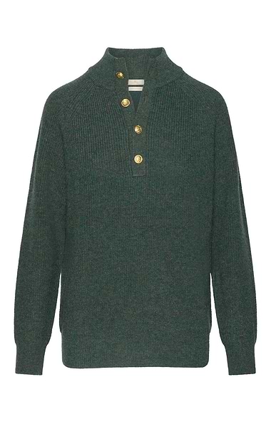 Ladies Lambswool Ribbed Gold Button Half Neck Jumper