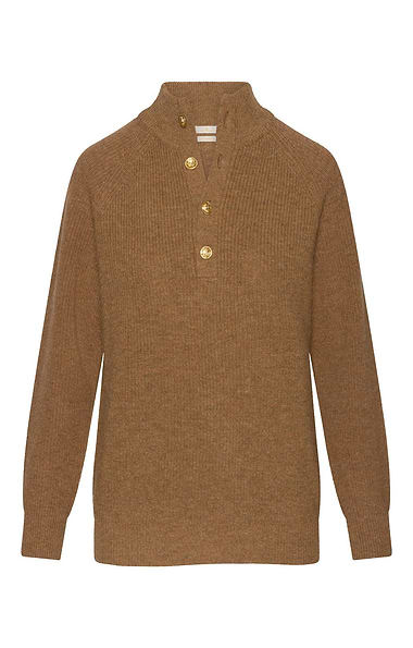 Ladies Lambswool Ribbed Gold Button Half Neck Jumper