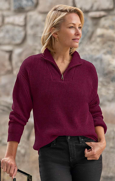 Ladies Lambswool Ribbed Quarter T-Zip