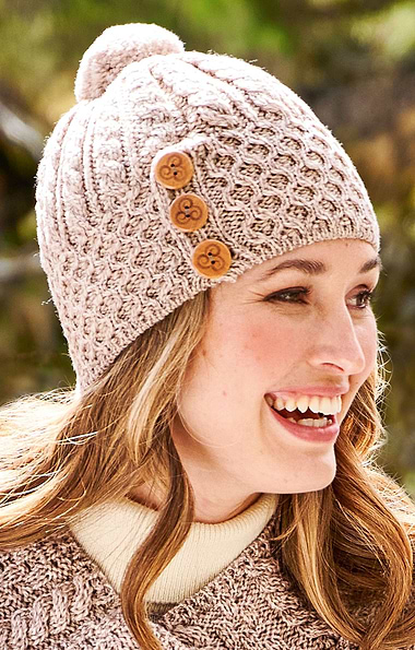 Ladies Aran Cable Hat with Buttons