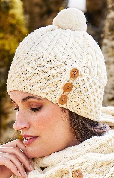 Ladies Aran Cable Hat with Buttons