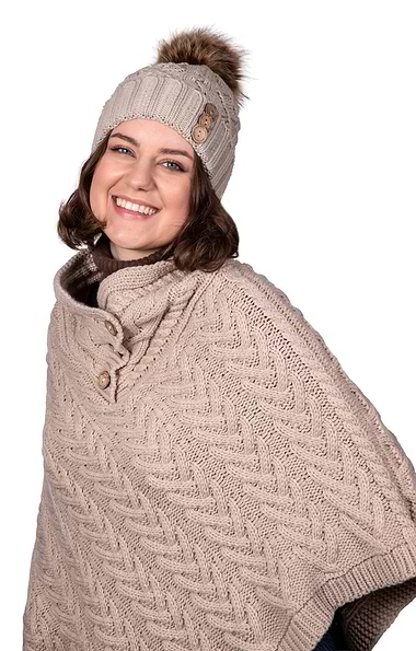 Ladies Aran Button Poncho