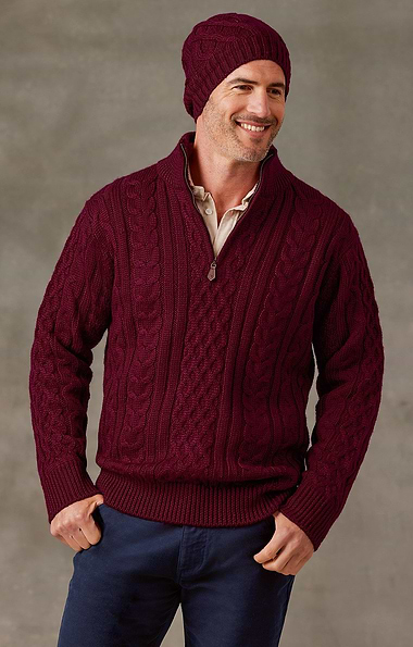 Men's Pure New Wool Aran T-Zip